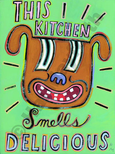 Humorous dog/cooking print This Kitchen Smells Delicious by greater Boston area artist Hal Mayforth