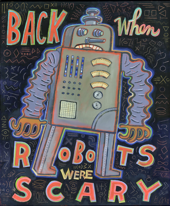 Humorous robot print Back When Robots Were Scary by greater Boston artist Hal Mayforth